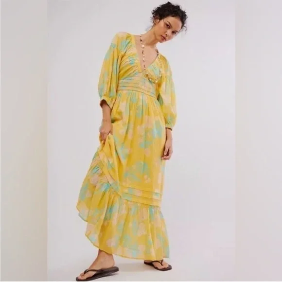 Free People Golden Hour Border Maxi Dress Yellow - Picture 1 of 9